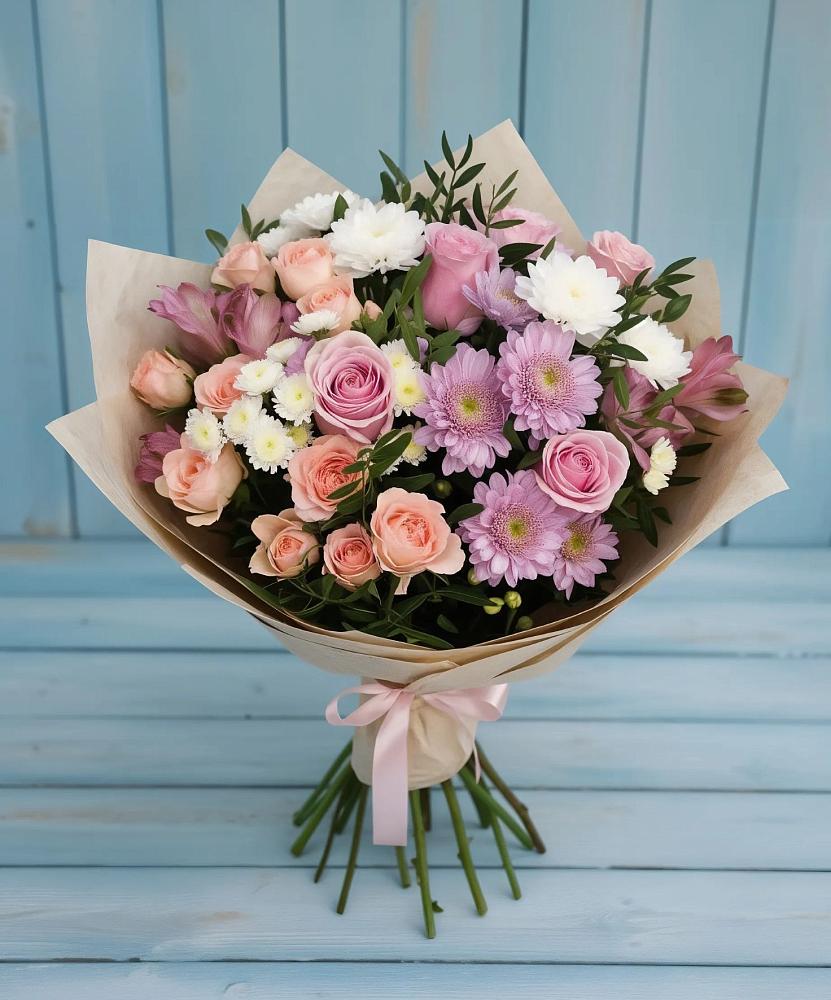 Букет цветов из: Хризантемы, Розы и Альстромерии в Юганце