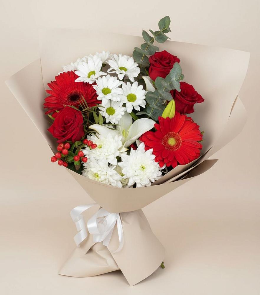 Букет цветов из: Розы, Хризантемы, Герберы и Лилии в Юганце