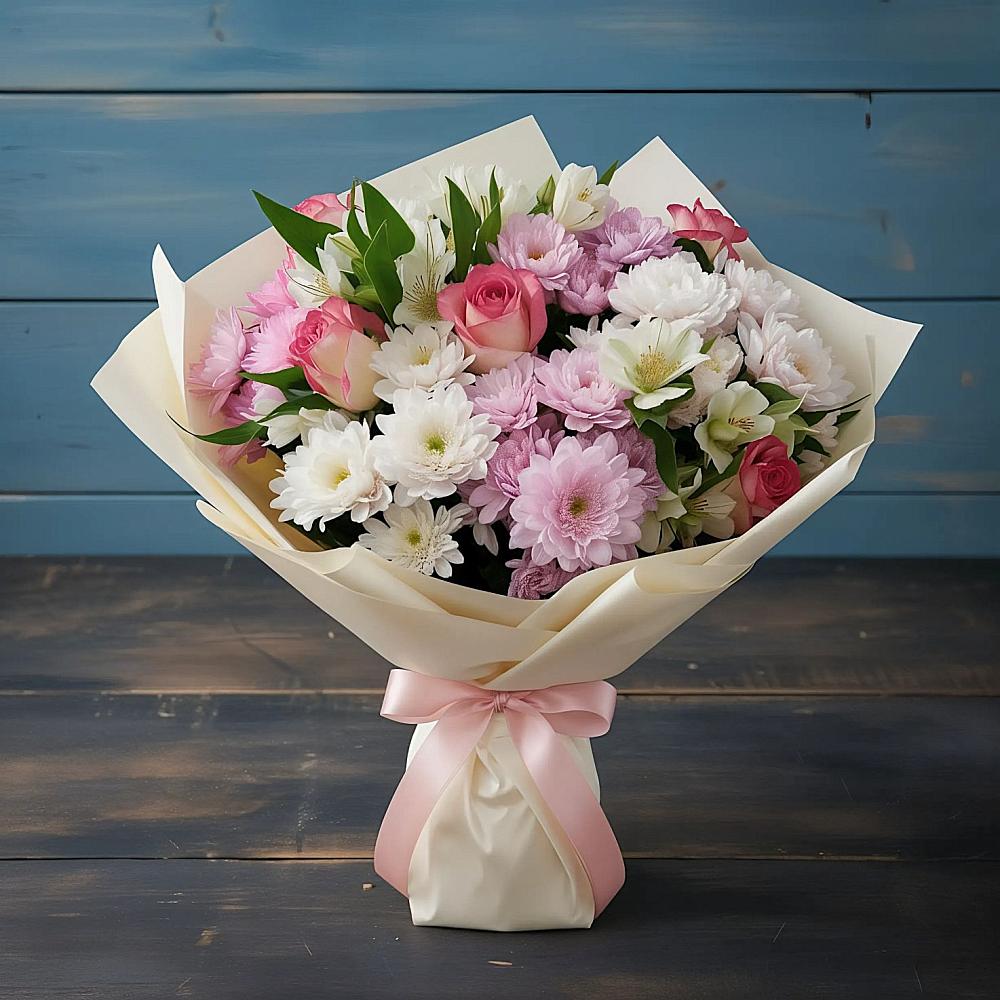 Букет цветов из: Хризантемы, Альстромерии и Розы в Юганце